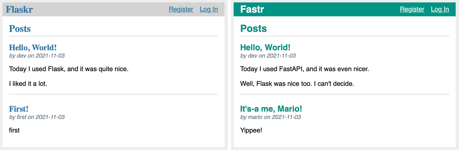 The same web app created using Flask (left) and FastAPI (right).